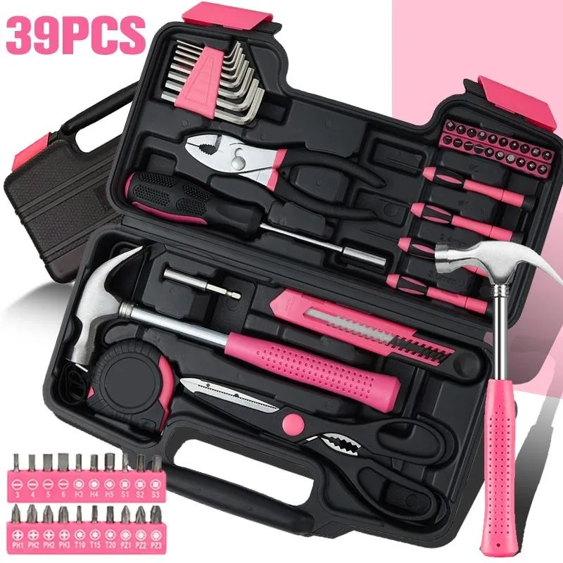

39 шт. розовый набор инструментов «сделай сам», портативный домашний ремонтный набор, молоток, плоскогубцы, гаечный ключ, полностью оборудованный, подходит для женщин-початковщиков