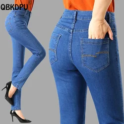 Lässige hohe Taille schlanke gerade Jeans Frauen große Größe 36 dünne Vaqueros Mutter bestickte Jeans hose Vintage Cowboy hose