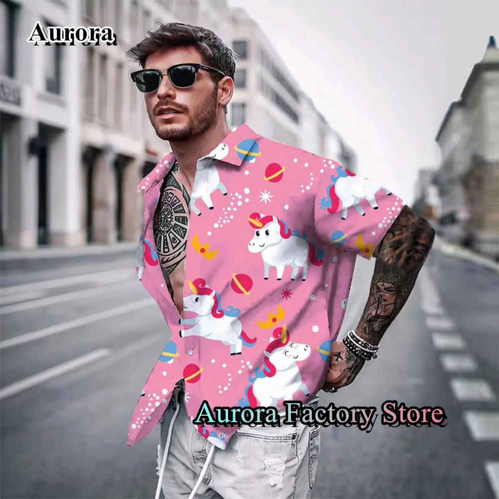 Summer Men Pink Cartoon Unicorn Shirt Vintage Tops Tees Casual Stylish Blouse Trun Down Collar Clothing Male Beach Style Outfit