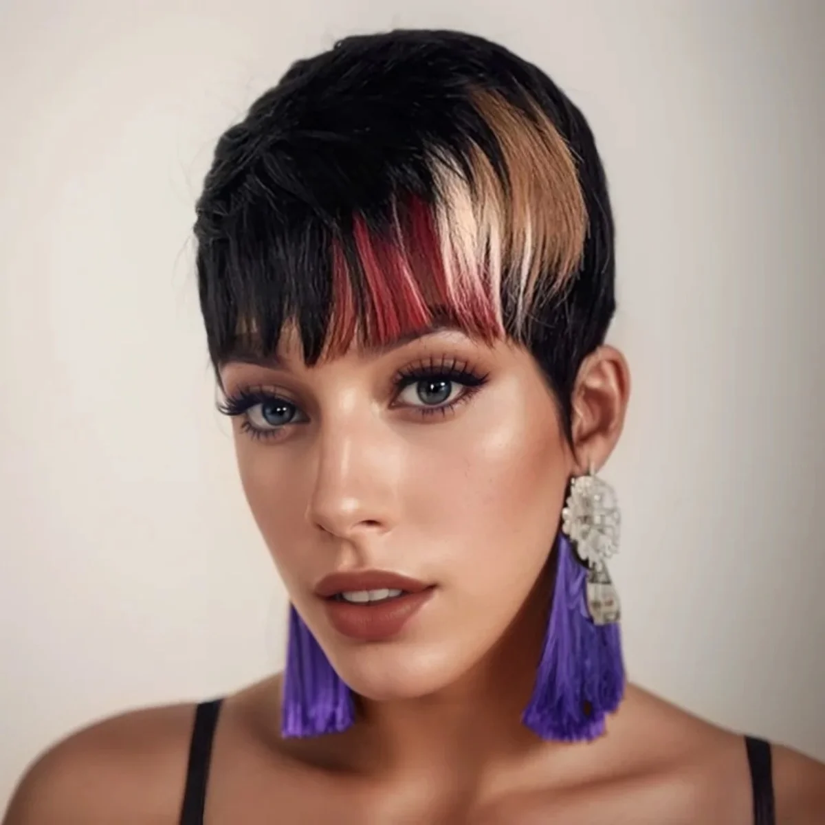 브라질 인모 1b/레드/613 블론드 컬러 픽시컷 일상용 전체 기계 제작 가발