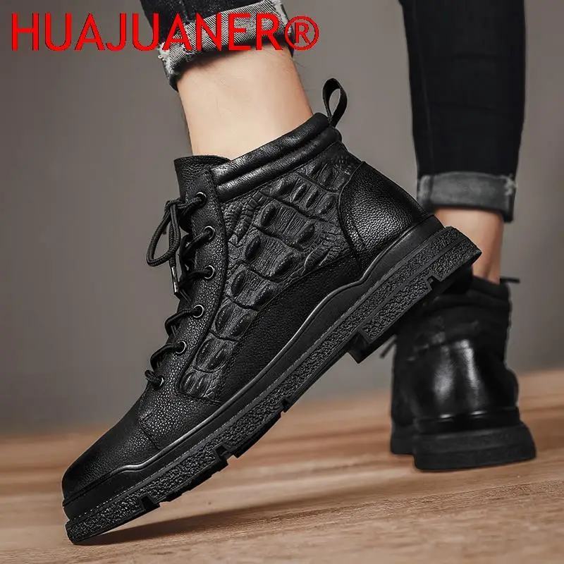 Men Winter Boots Comfy Crocodile Style Snow Boots Fashion Mens Sneakers Shoes Men Lace-up Quality Genuine Leather Fur Men Boots view 5