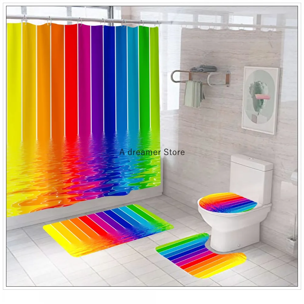 4pcs New Tie Dye Printed Shower Curtains Waterproof Fabric With Hooks Bathroom Rainbow Building Blocks Decoration Curtain Set