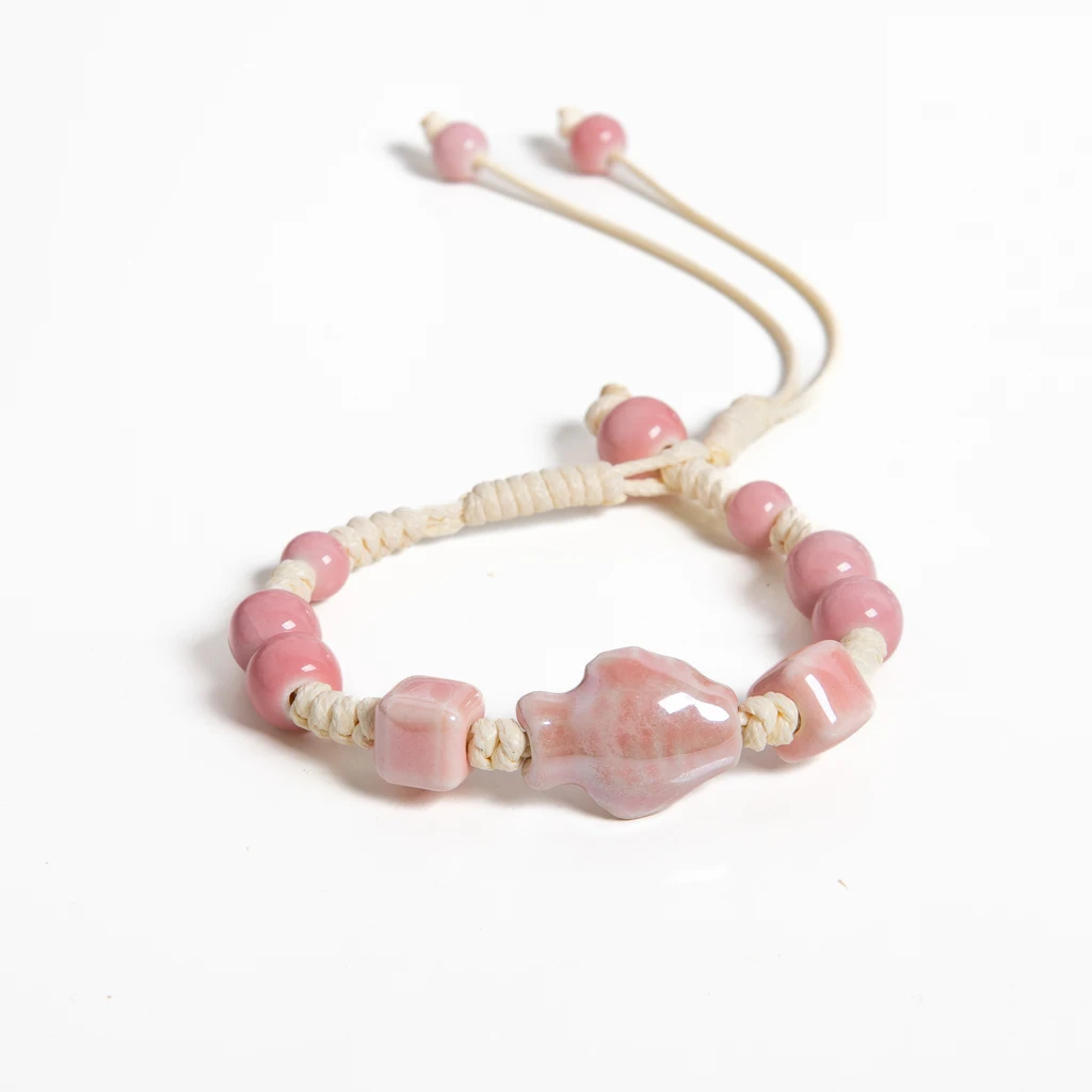 Pink Ceramic Fish Charm Handmade Bracelet Adjustable Macrame Rope Cute Minimalist Gift for Women Girls S03-120