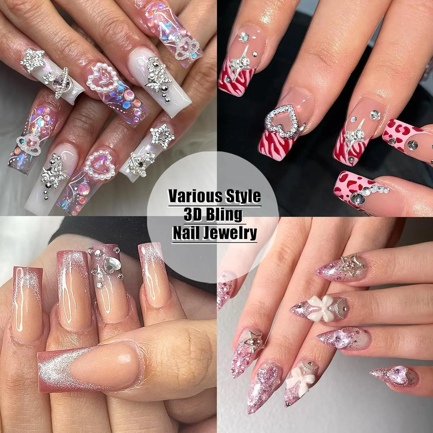 40 STKS Roze Nagelbedels 3D Hartbedels Valentijnsdag Zilver Sterrenlicht Nageldecoraties Glanzende Nagel Edelstenen Strass Multi Stijl