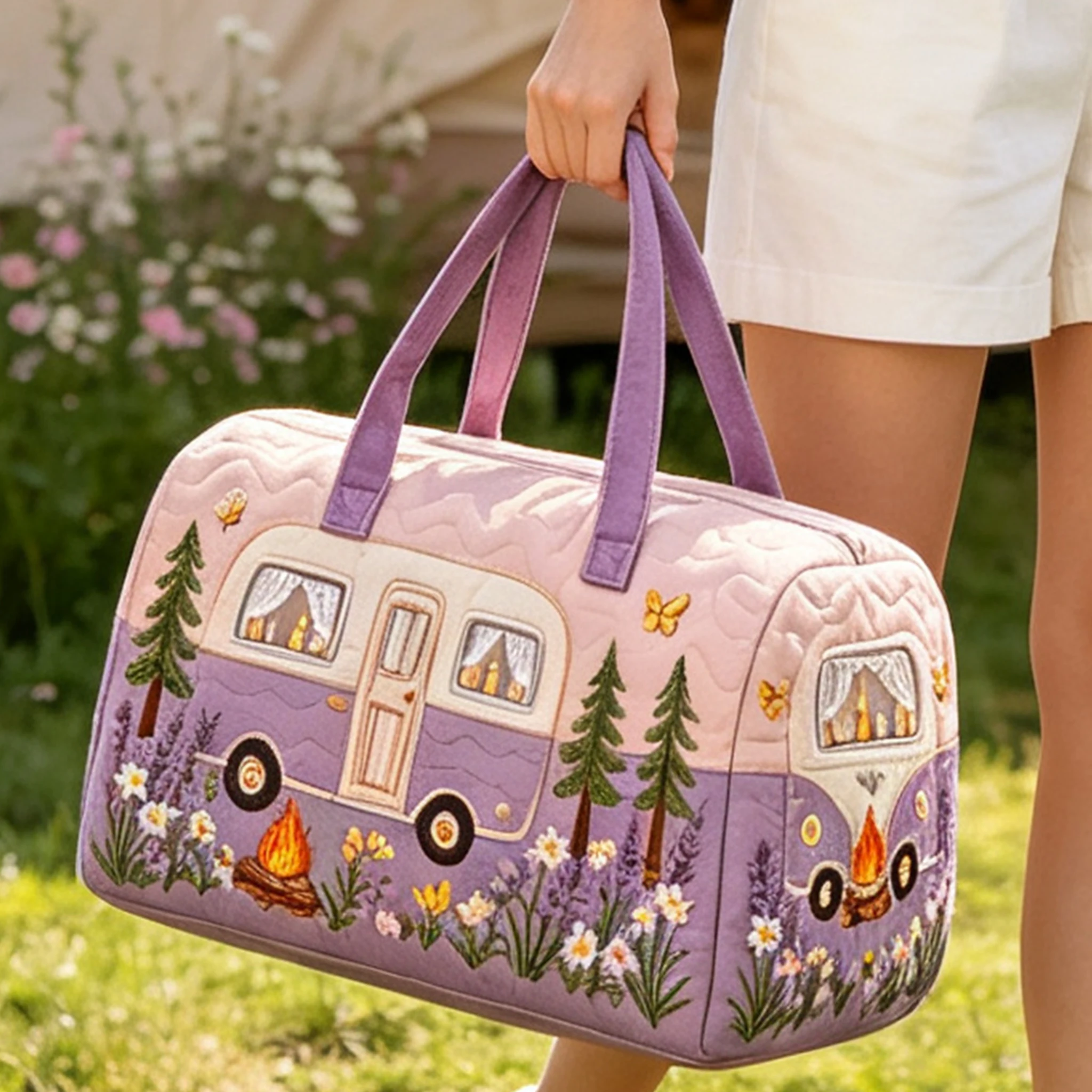 Camping Camper Van Quilted Duffle Bag 3D Applique Embroidery Weekender Overnight Bag Large Capacity Travel Handbag Vacation Trip
