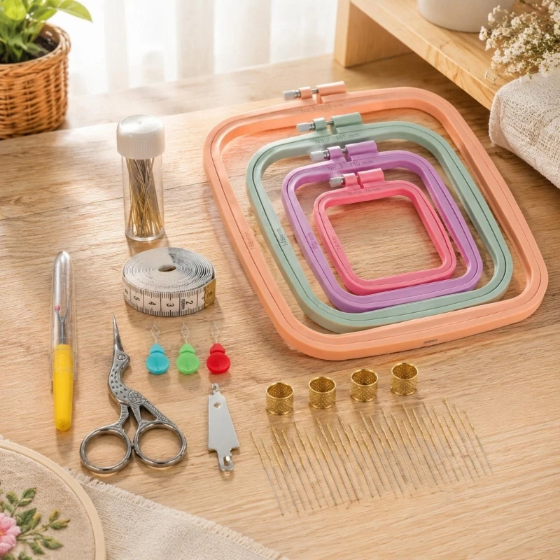 Square Holder Embroidery Set with Screw-Controlled Tension, Colored Thread, Sewing Accessories, Scissors, Bobbins, and the KXRE