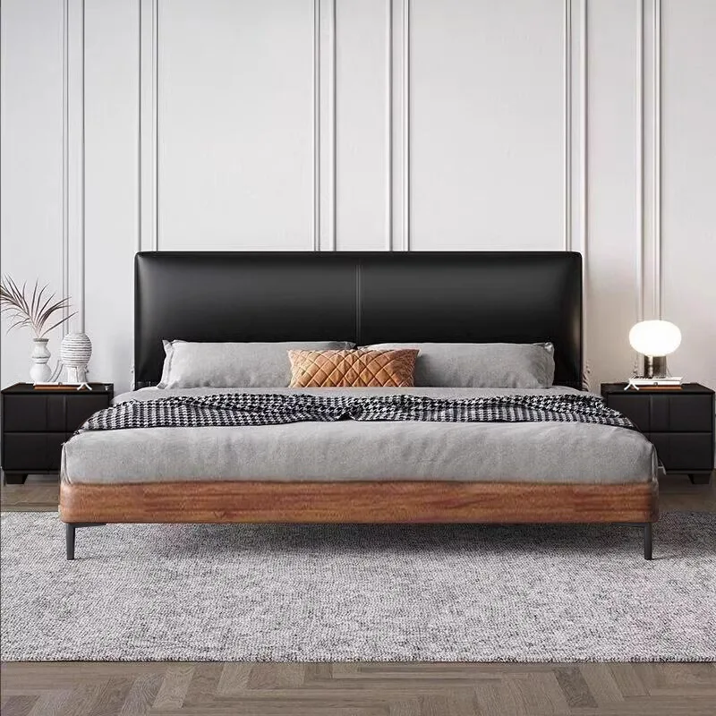 Little black cow leather bed master bedroom atmospheric double bed thin bedside solid wood bed