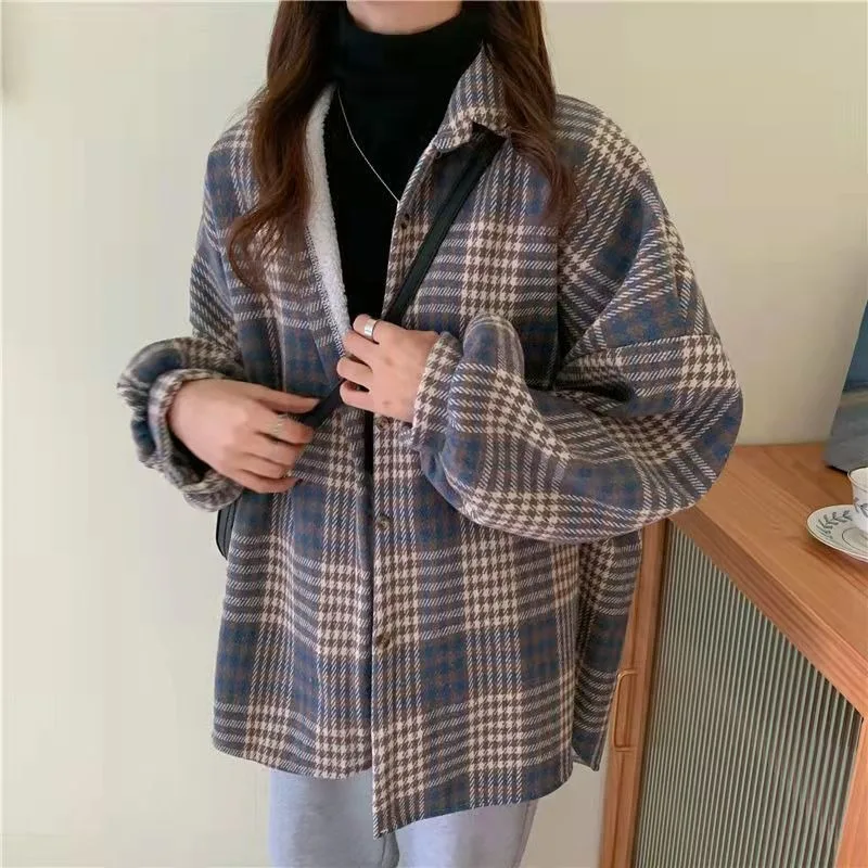 QWEEK Plaid Vintage Fleece Shirt Korean Style Office Harajuku Women's Blouse Oversized Long Sleeve Button Up Outerwears Winter