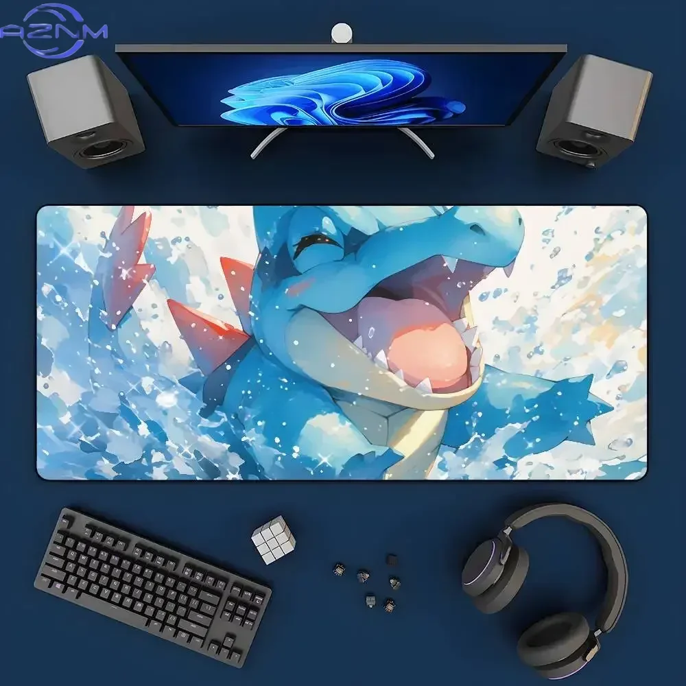 Rubber Mouse Pad Anime Feraligatr Water Splash Pattern Anti-Slip Gaming Desk Mat Stitched Edge Desktop Protector for Office and