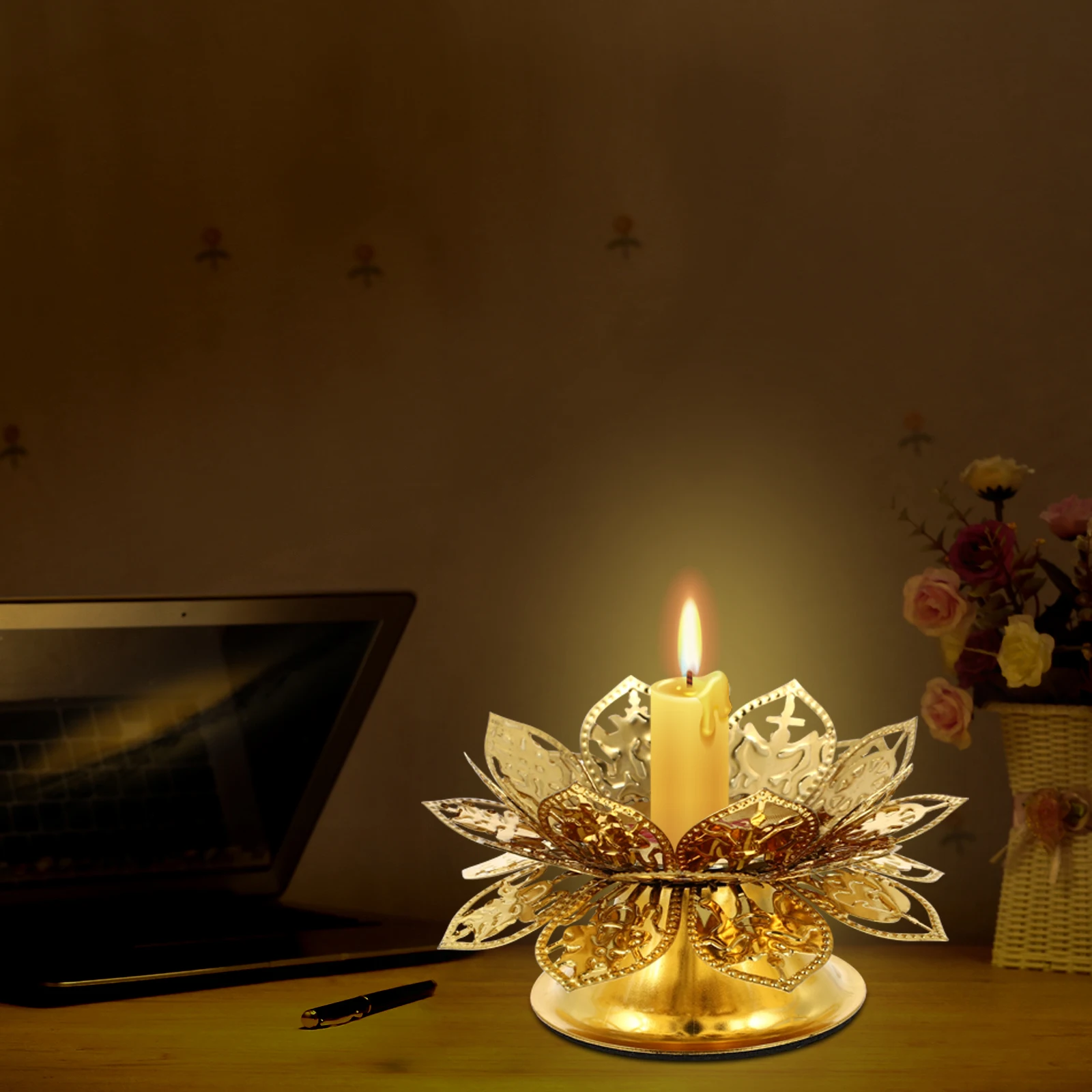 

Lotus Candlestick Flower Lamp Golden Candleholder Wide Base Buddha Butter Lamp Holder Table Temple Decor