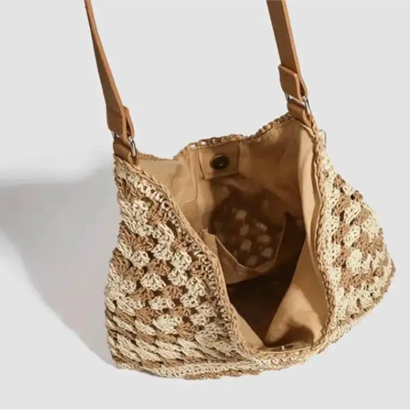 Bloom Vacation Large Capacity Woven Bags Women New 2025 Summer Hollow Out Beach Female Retro Casual Handbag Tote Bag Chic