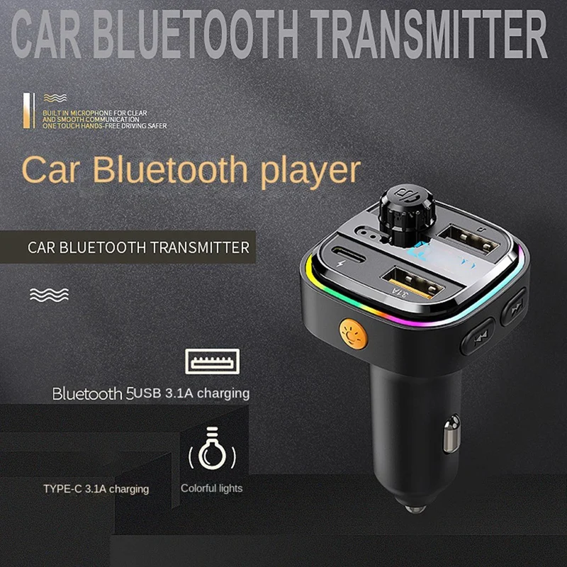 Bluetooth 5.0 FM Transmitter Car Radio Modulator MP3 Player With Colorful Atmosphere Breathing Light PD+USB Fast Charge Durable