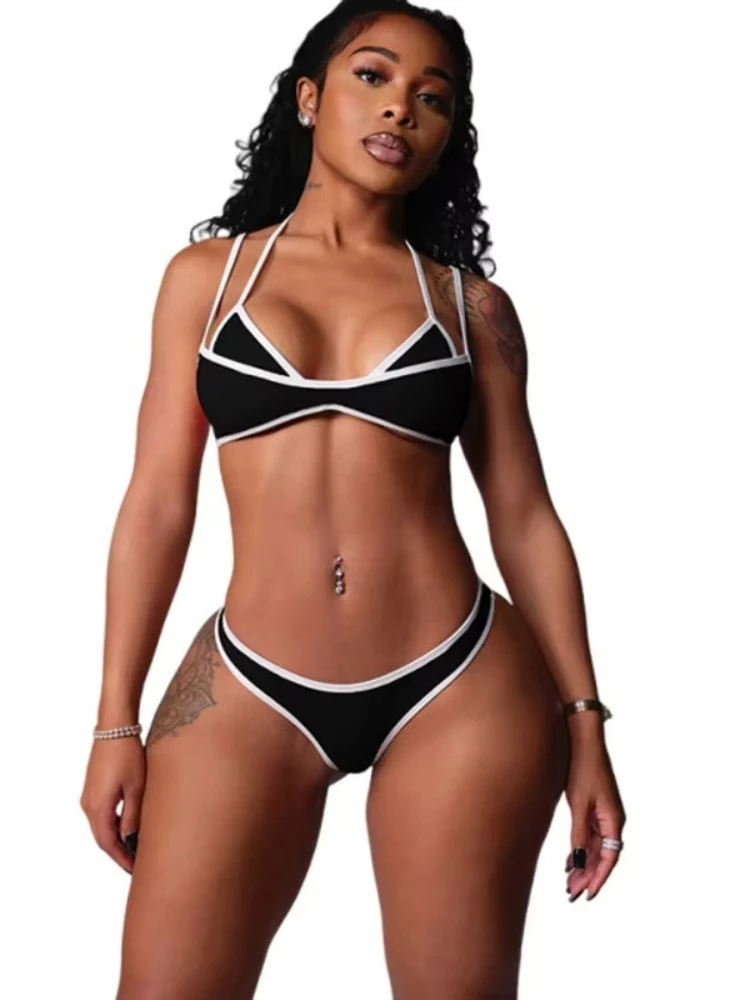 Lady Classic Black White Trim Bikini Harajuku Aesthetics 2 Piece Halter Neck Thin Strap Beachwear Triangle Bathing Suit Swimwear