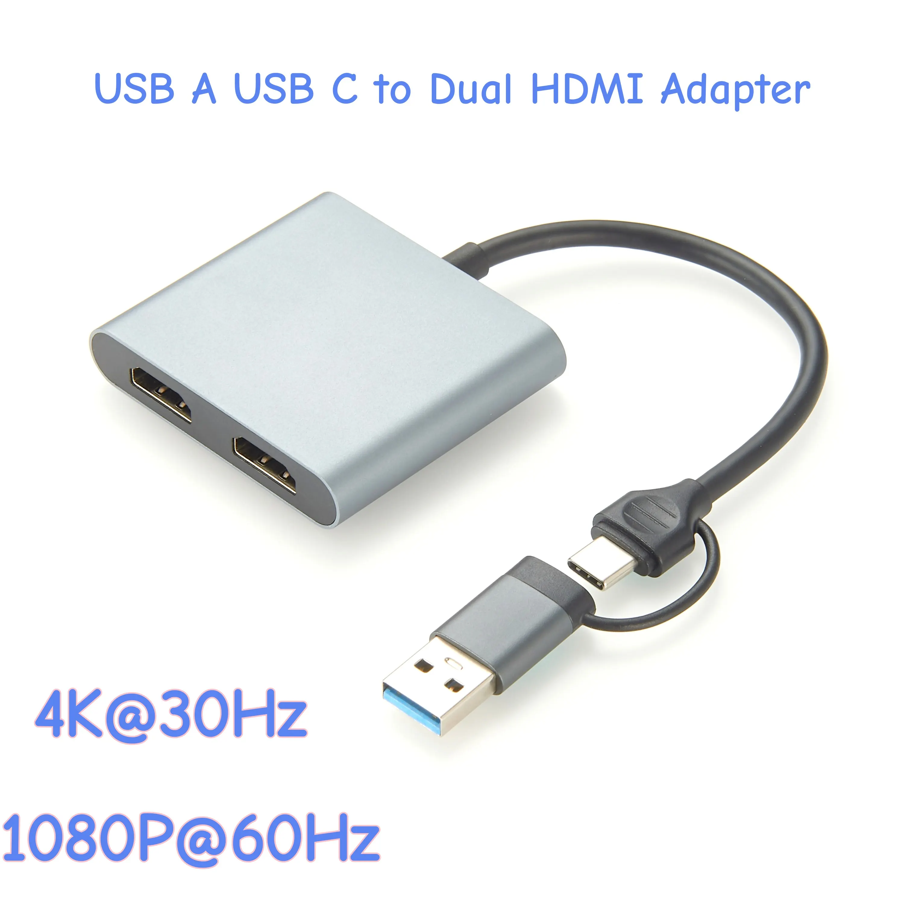 USB-A USB-C to Dual HD Port Adapter Converter Splitter Extender, USB Type-A Type-C Multi-Monitor MST Hub, 4K@30Hz & 1080P@60Hz