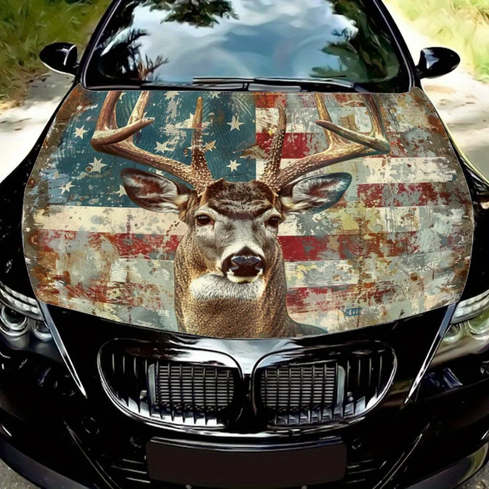 

American flag-themed deer antler graphic car vinyl wraps, vinyl car hood graphics, creative pattern packaging and engine sticker