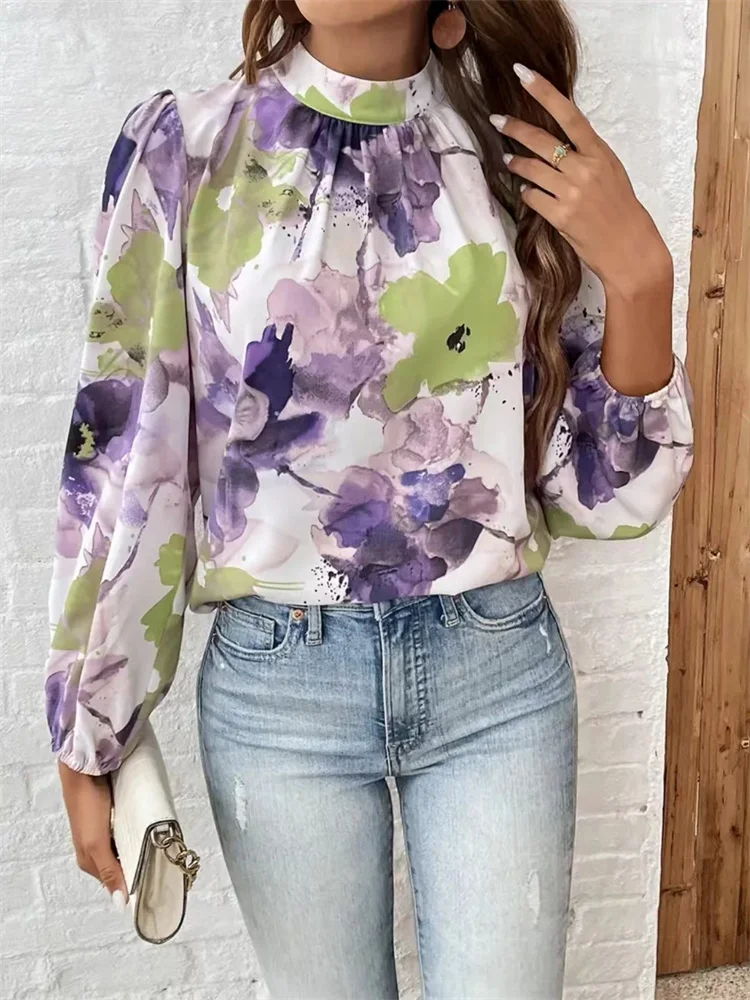 Women Spring Autumn Style Blouses Shirts Lady Casual Long Lantern Sleeve Stand Collar Printed Blouse Tops DF5022