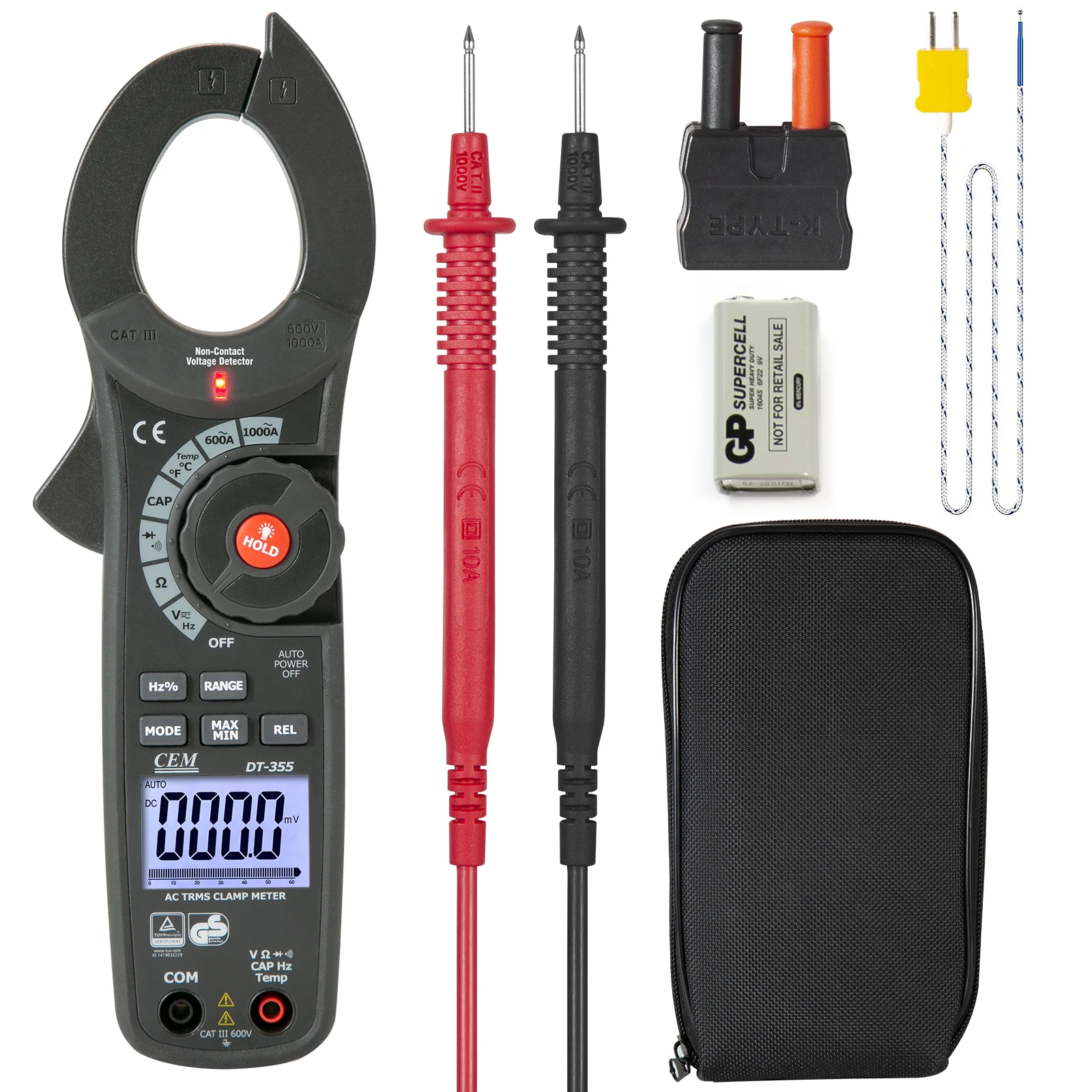 CEM DT-355 Digitales Zangenmessgerät, Multimeter, 1000 A, TRMS 6000 Zählungen, Amp-Spannungsprüfer mit T-RMS, LOZ-Modus; Messen Sie AC/DC-Spannung