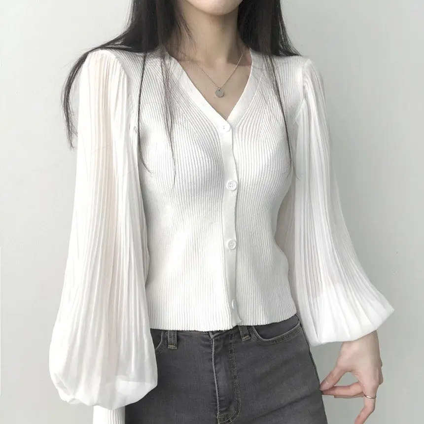 V Neck Solid Button Pleated Patchwork Temperament Tops Spring Autumn Long Sleeve Elegant T Shirts Fashion Korean Women Clothing 15 Sde4c48e11229493cb98e4d5a5e605c0b9