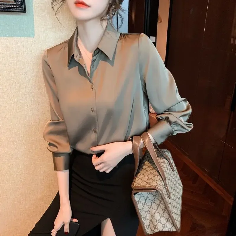 2023 Office Lady Satin Shirts Women\'s Blouses 2023 Spring Solid Color Classic Work Blusas Plus size Single Breasted Basic Shirt