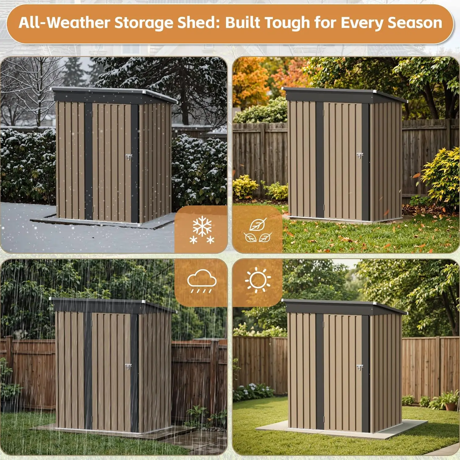 سقيفة تخزين معدنية للفناء بطول 5 × 3 أقدام مع أبواب قابلة للقفل، وتخزين خارجي للدراجة في الفناء الخلفي وحمام السباحة والحديقة باللون البني