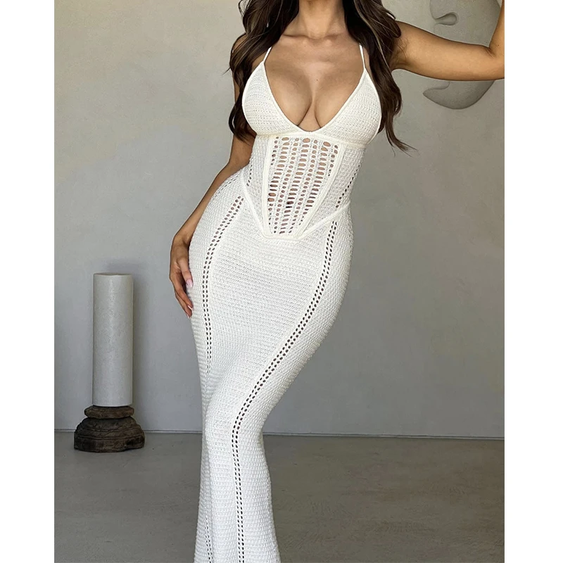 Sexy Style Backless Tie Up Long Dress Summer Pool Party Beach Vacation Slip Dress Fashion Knitting Hollow Out Beachwear Cover Up