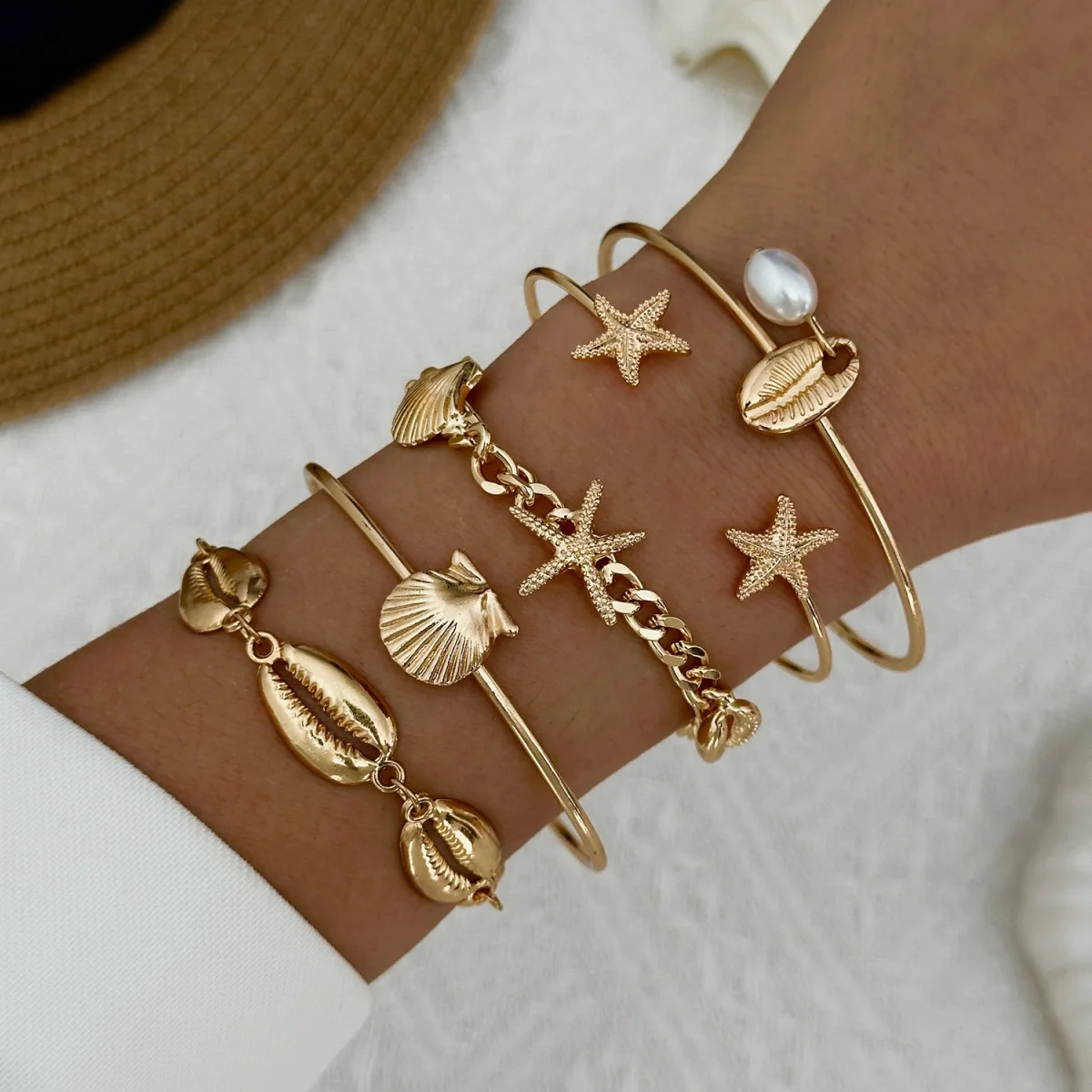 Böhmisches Mehrschichtiges Seestern-Muschel-Armreif-Set für Damen und Herren, Sommer-Strand-Urlaub, klobiger Armreif, Party-Schmuck – Detail 13