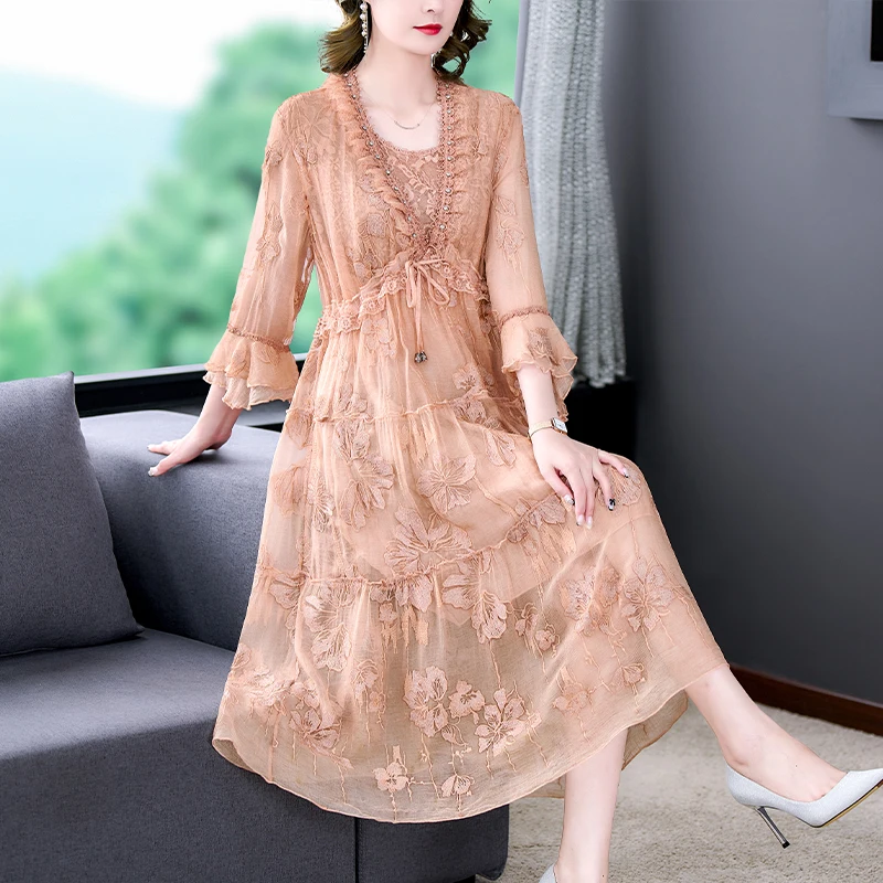 

2023 New Fashion Silk Square Neck Dress Women's Summer Versatile Mulberry Silk Long Sleeve Loose Fit Casual Holiday Dress Vestid