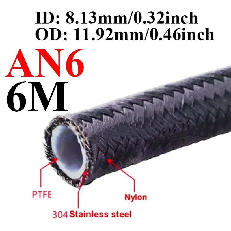 6M/20FT AN3 AN4 AN6 AN8 AN10 Zwarte brandstofslang olie gas koeler leiding pijp buis binnenkant PTFE nylon roestvrij staal dubbel gevlochten