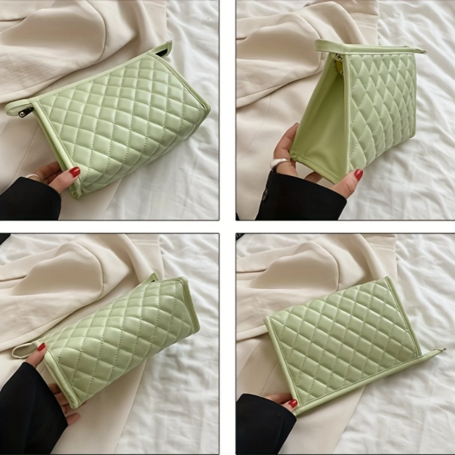 Minimalist Solid Color Clutch Cosmetic Bag, Argyle Pattern Travel Toiletry Wash Bag, Versatile Makeup Bag