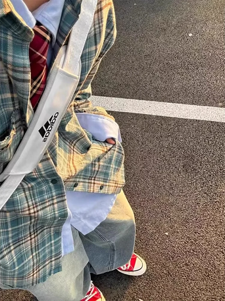 

Blue Plaid Vintage irt Lazy Layering Sle Hong Kong Wind Outerwear Trendy Long Sve Stand Fit Youth Spring Season