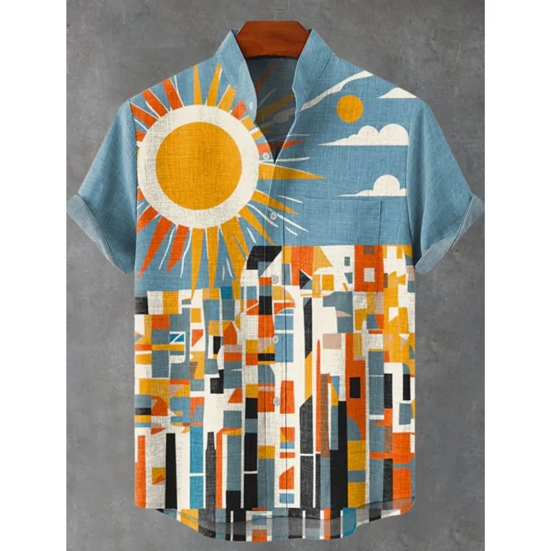 2025 men's Summer Graffiti Style Elegant Art Clear Pattern Linen Short Sleeved Shirt Luxurious Casual high-quality Button Top