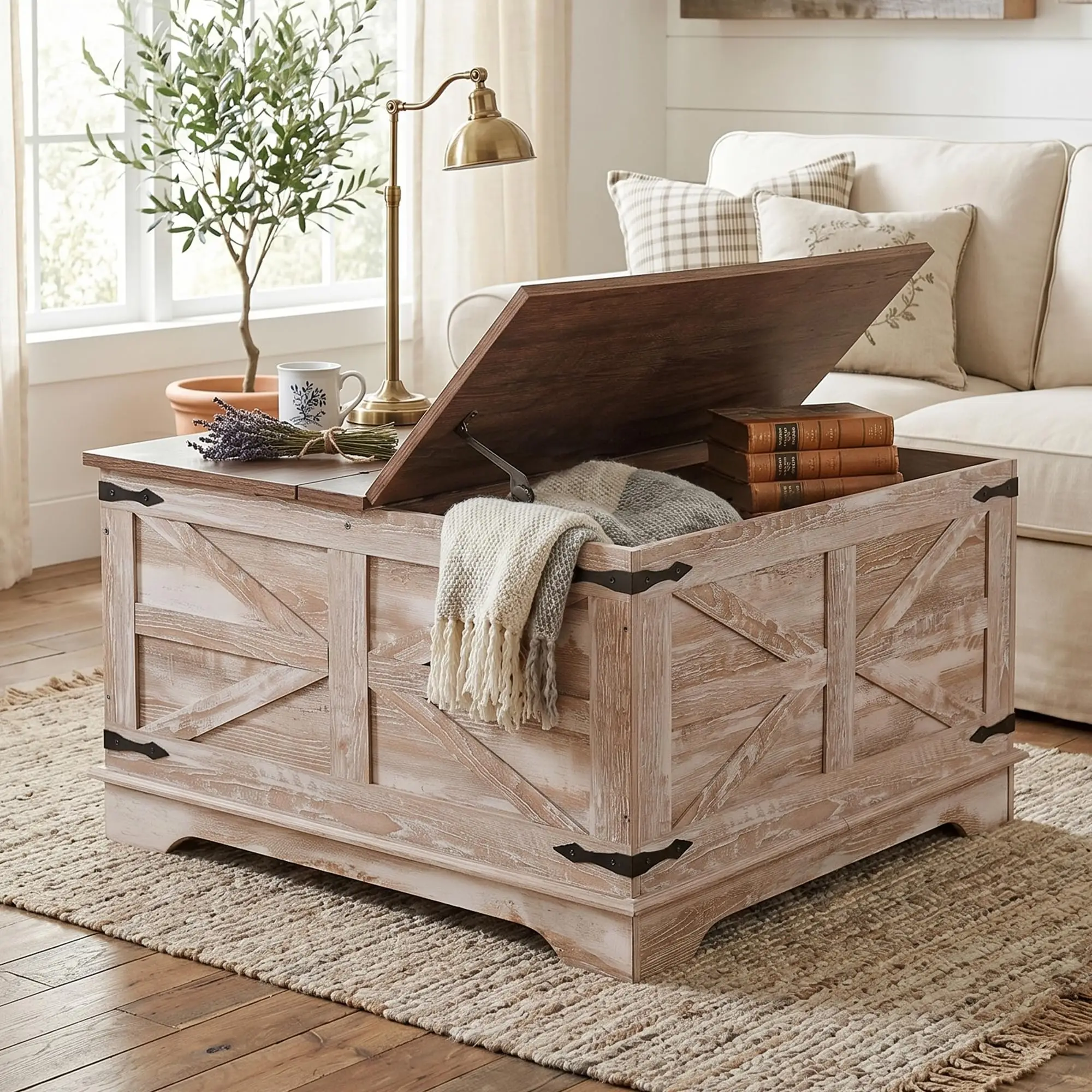 Farmhouse Coffee Table, Heavy-Duty Coffee Table with Storage, Square Wood Center Table Set for Living Room with Pull Up