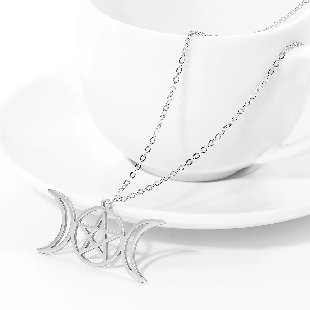 Creative Trend Double Moon Hollow Pentagram Necklace Stainless Steel Pendant Exquisite Jewelry Accessory view 5