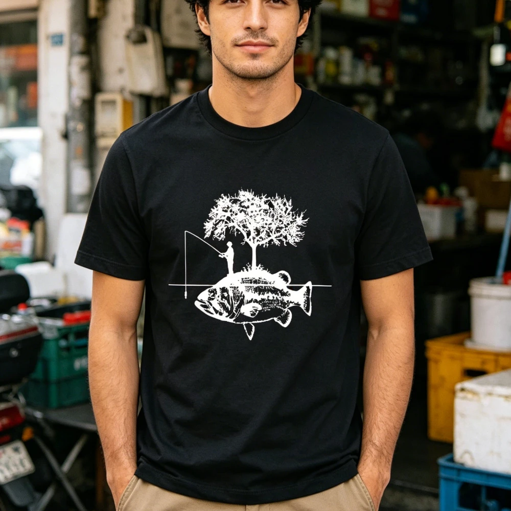 Abstract Fishing Art Shirt Artistic Giant Fish Island Graphic Printed T-shirt Men Crewneck Cotton Short Sleeve Fisherman Gift T