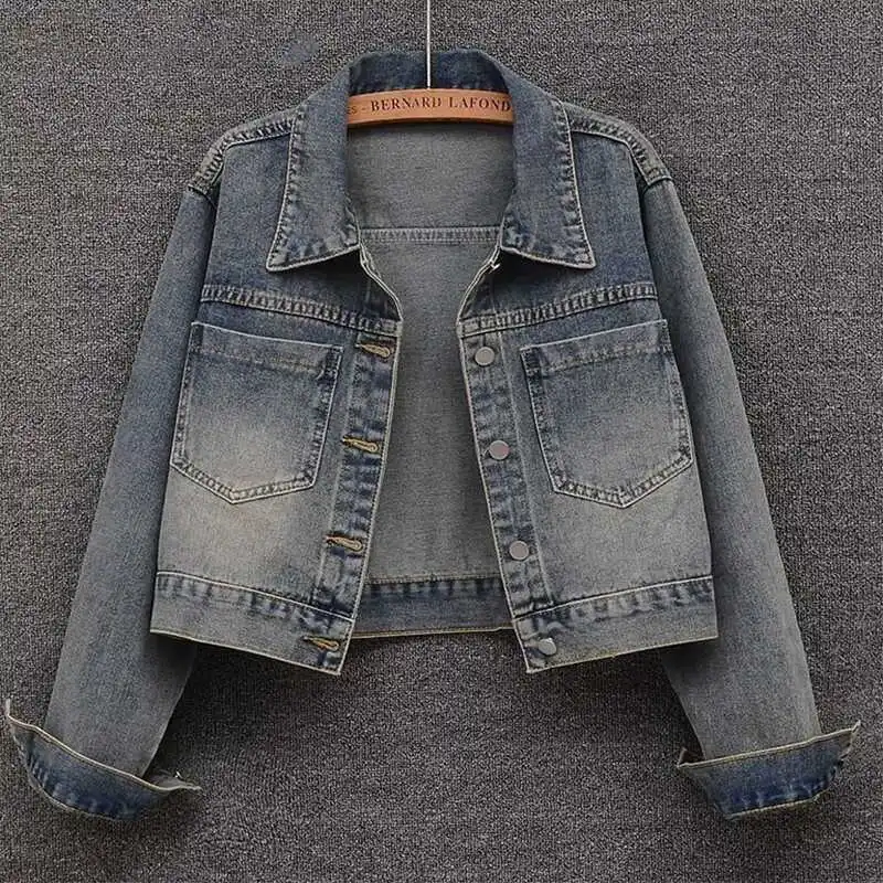 

Spring Autumn New Large Pocket Retro Washed Old Denim Jacket Women's Short Loose Top