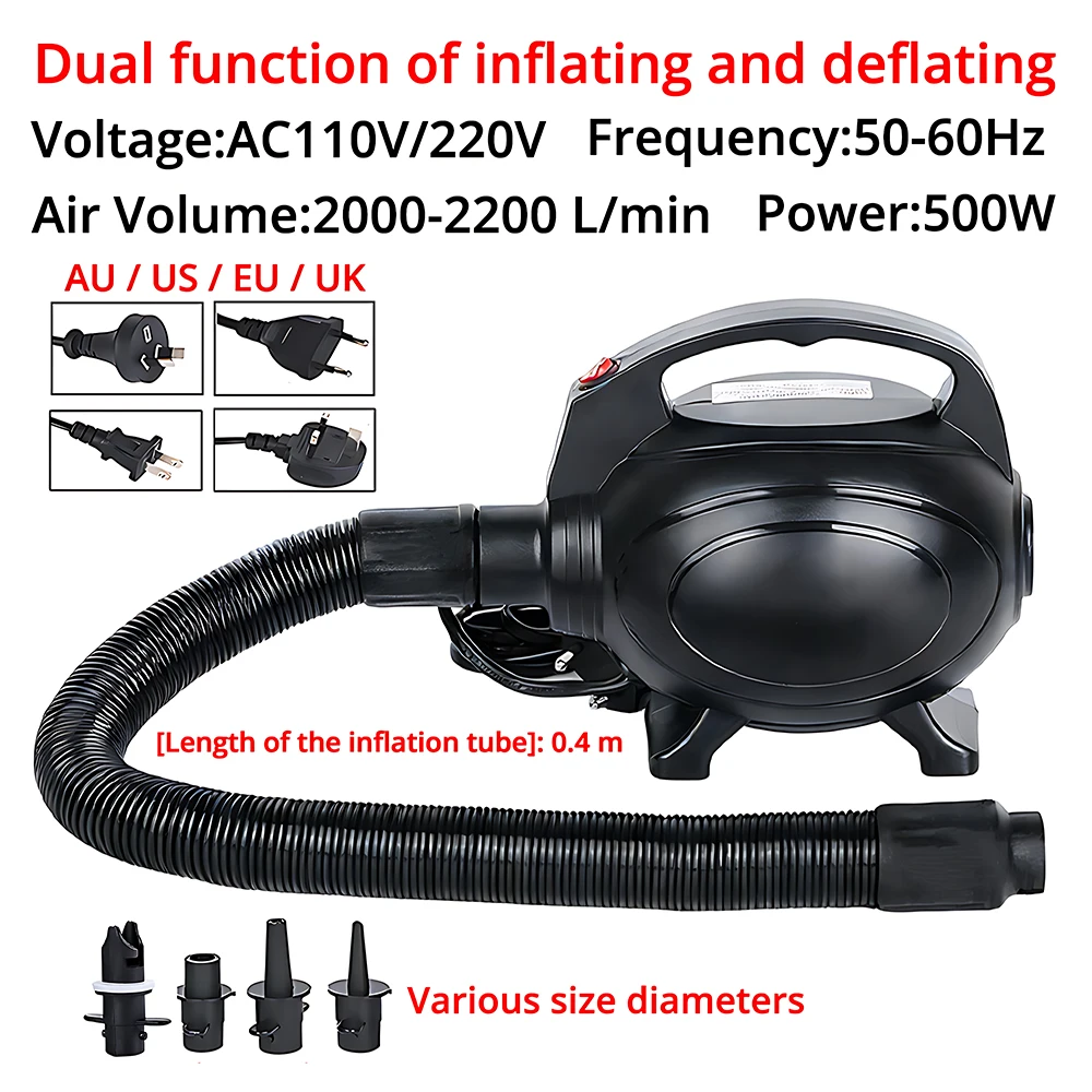 

Портативный электрический воздушный насос мощностью 500 Вт для накачивания и сдувания воздуха. Версия для Австралии/ЕС/Великобритании/США. Используется для бассейнов, лодок, матрасов.