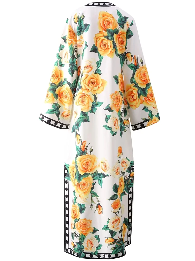 Robe Maxi à Manches Évasées et Col Rond pour Femme, Marque de Luxe, Rose, Imprimé Floral, Bohème, Été, 2024