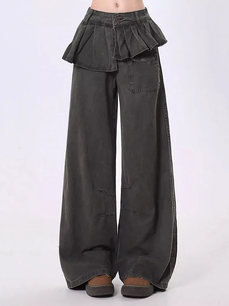 IMU Pleated Skirt Overlay Cargo Pants for Women Baggy Jeans Asymmetric Wide Leg High Waist Trousers Korean Acubi Fashion