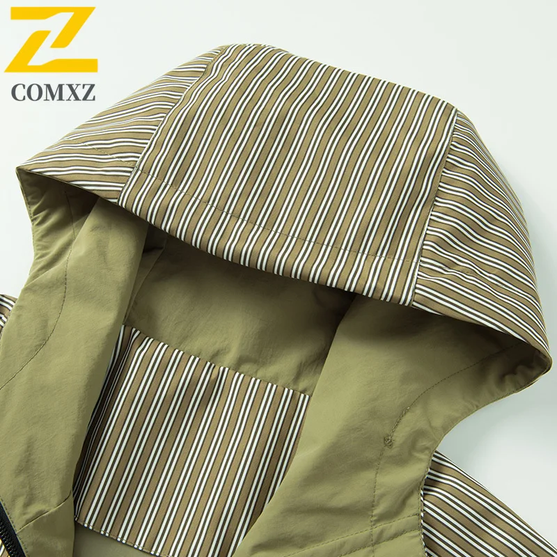 2025 High-end Brand Jacket Mens Autumn Club Waterproof Striped Hooded Work Windbreaker Outdoor Travel Sports Windproof Outerwear