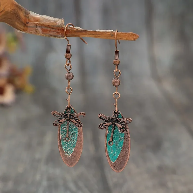 Vintage Copper Color Boho Dragonfly Green Stone Dangle Earrings Metal Carving Earrings for Women view 4