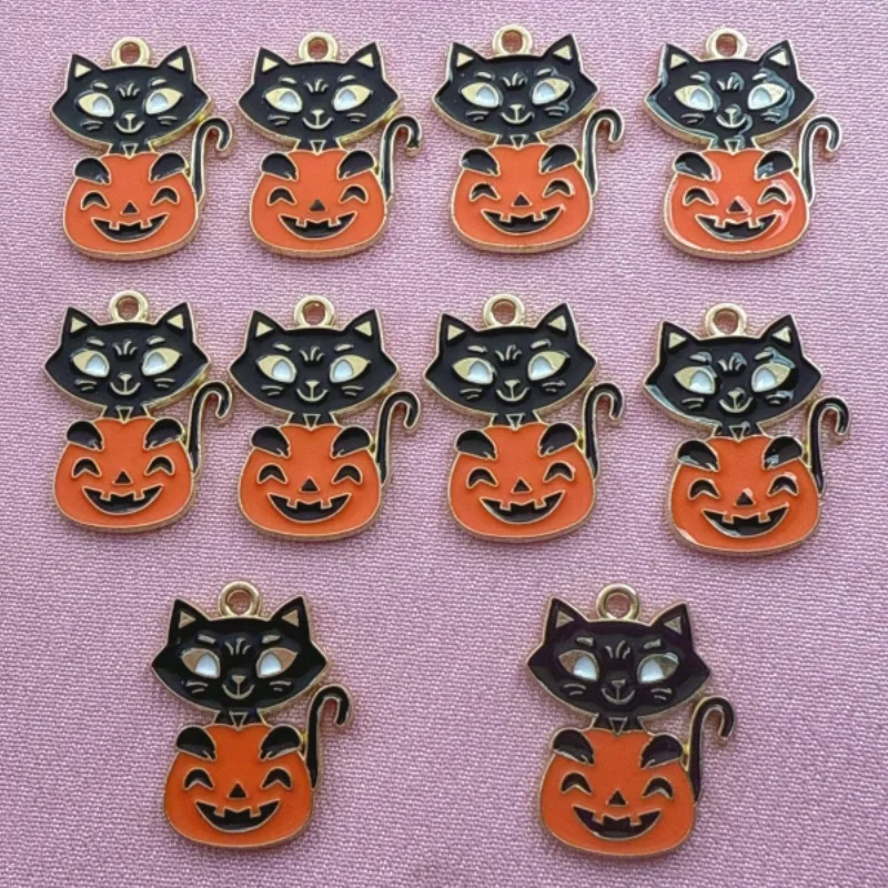 10pcs alloy oil drop Halloween pumpkin cat pendant, DIY jewelry making earrings necklace keychain accessories