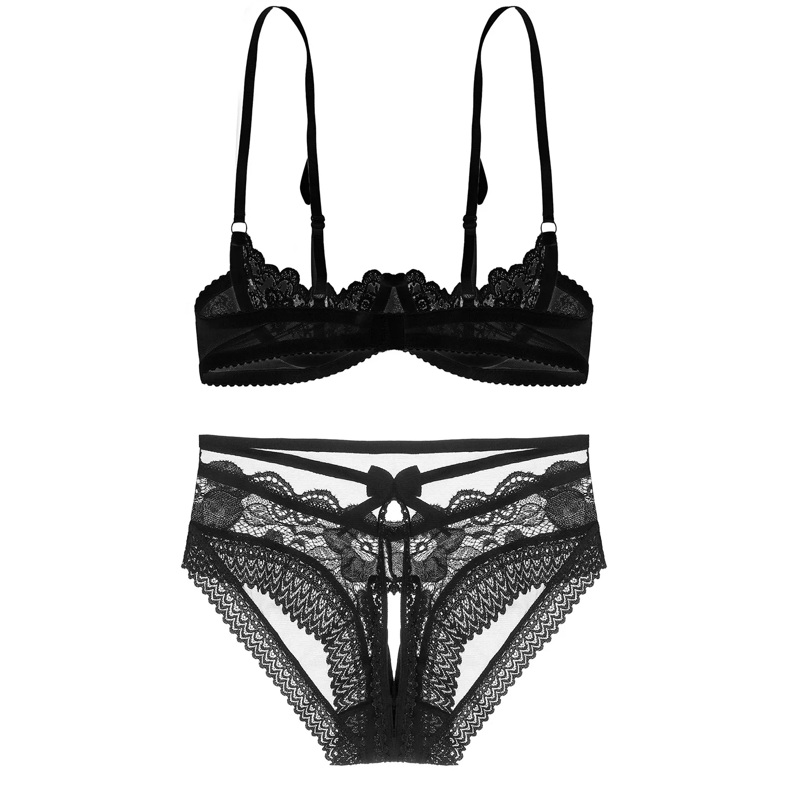 Womens Sexy Open Crotch Lingerie Set Underwear Underwired Wire-free Open Cup Bra Top with Crotchless See Through Briefs Panties