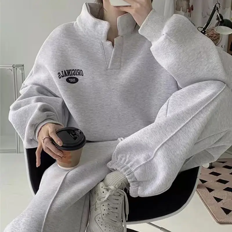 Women's Fleece Lined Hoodie And Pants Set Casual Running Sportswear Two Piece Suite Autumn Winter New Style Street Fashion