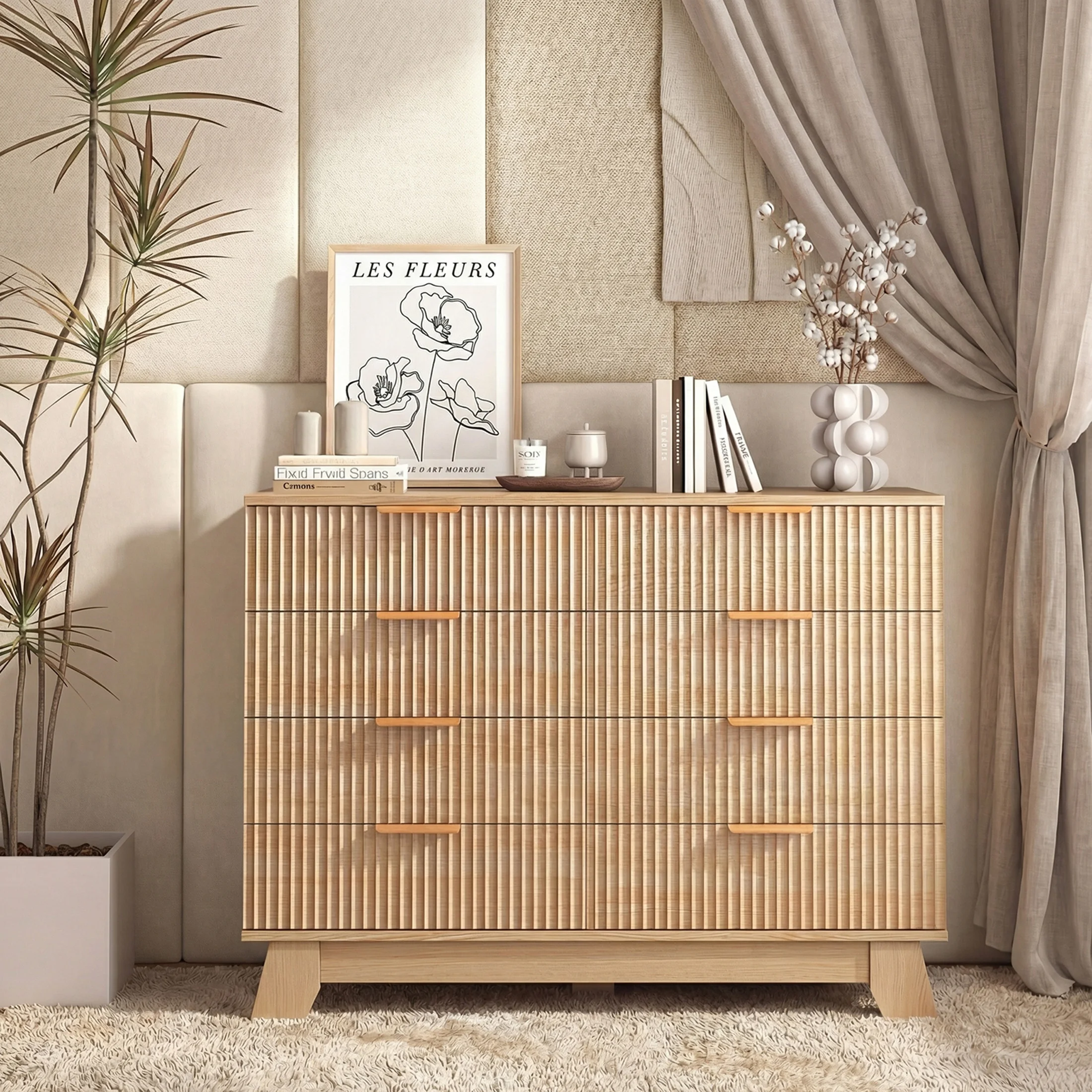 JHK 8 Drawer Dresser Fluted Wooden Cabinet Wide Modern Chest