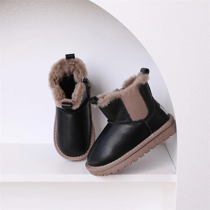 DIMI 2023 New Winter Children Shoes PU Leather Fashion Brand Boys Girls Boots Soft Non-Slip Warm Plush Kids Snow Boots