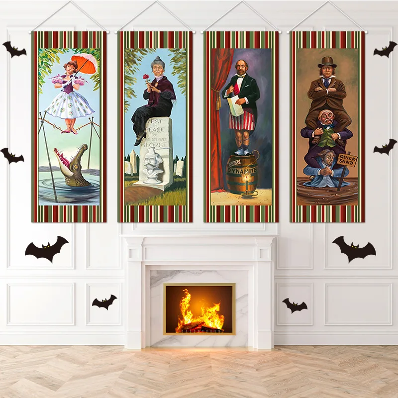 4PCS Haunted Mansion Stretching Portrait Halloween Decoration Horror Poster for Outdoor Home Wall Decor Halloween Hanging Banner