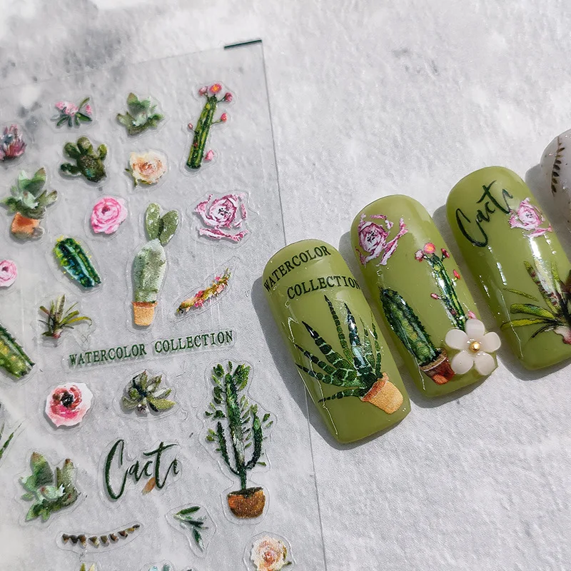 1 Sheet 5D Realistic Watercolor Green Cactus Aloe Pink Flowers Adhesive Nail Art Stickers Decals Manicure Ornaments Accessories