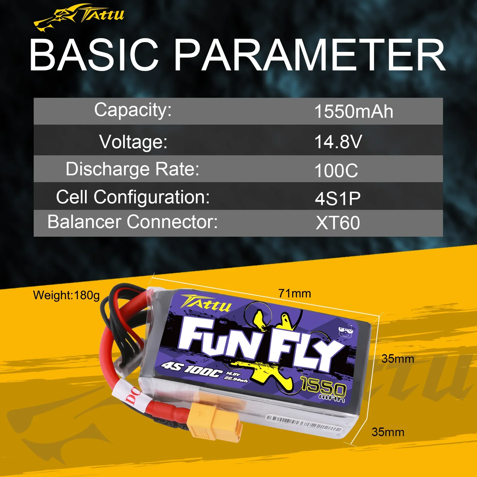 Tattu FunFly 100C 1550mAh 14.8V Lipo 4S Battery XT60 Connector for FPV Frame Practice 250 230 210 180 Size Racing Drone