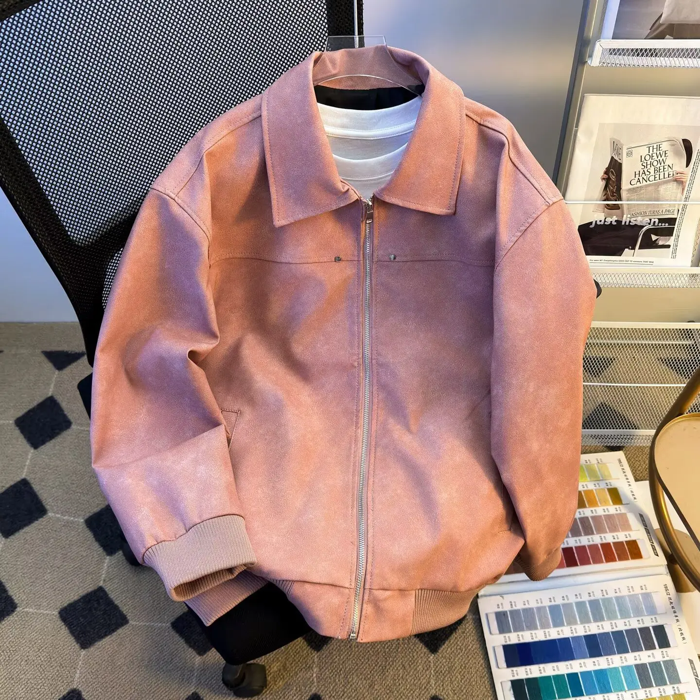 

Retro PU Leather Jaet Men's Women's Windproof Sports Faion Color High-End Feel Moto Collar Jaet Vintage Sle