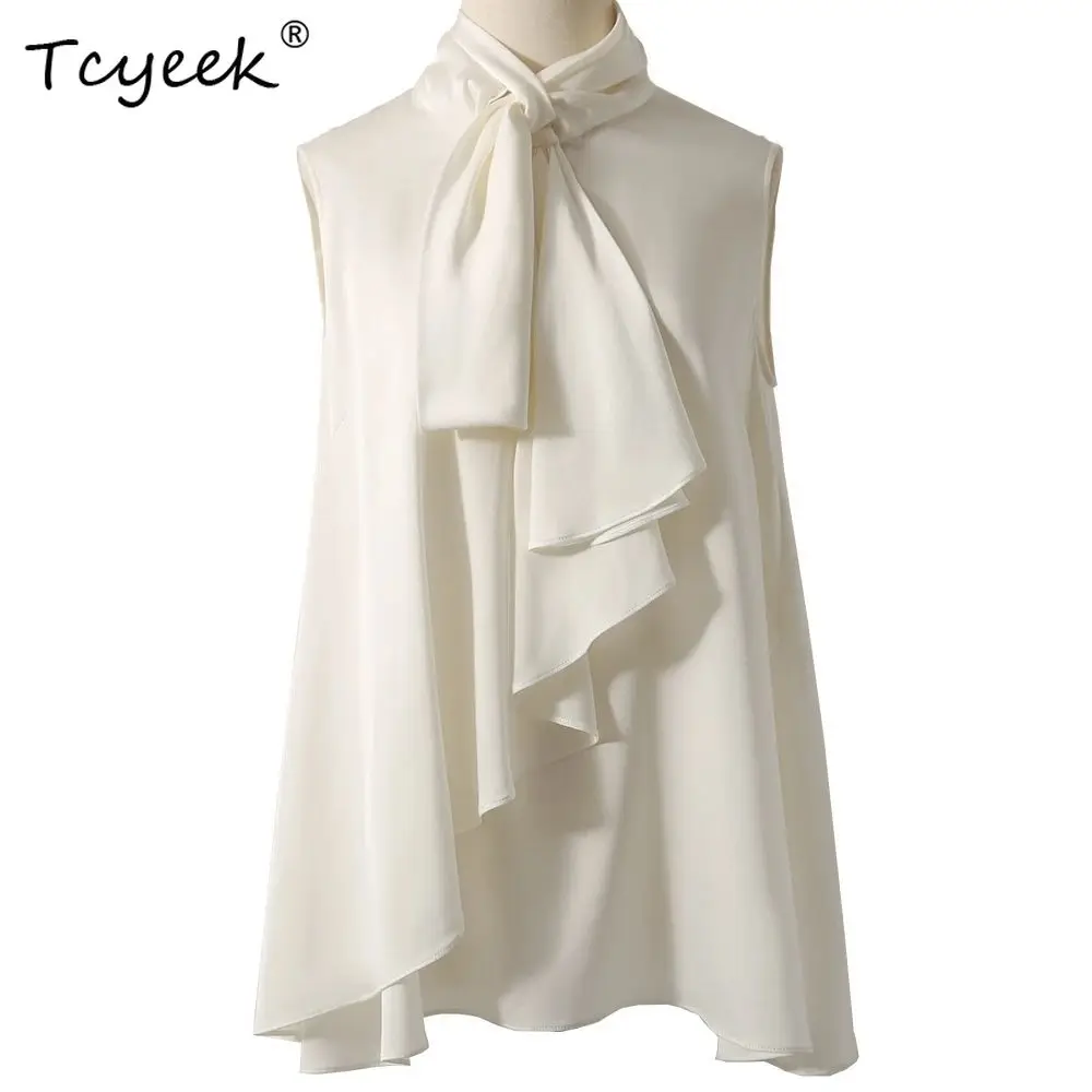 

Tcyeek, 92%Mulberry Silk Elegant Shirt, Women Ribbon Sleeveless Ruffels, Fashion Commute OL Tops, 2024 Summer Autumn T46428QM